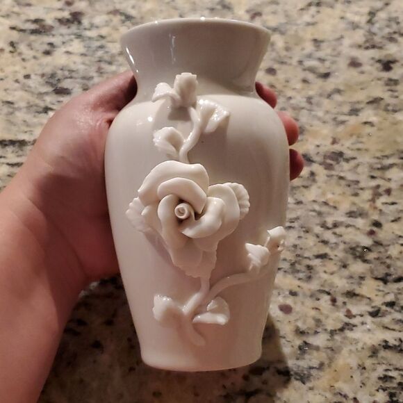 Tasia Other - Vintage Tasia China Porcelain Vase White 3D Sculpted Rose Floral Applied Ceramic